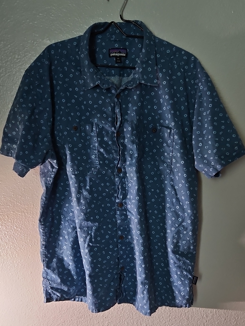 Patagonia Back Step Shirt Mens XXL Blue Geometric Hemp Cotton Short Sleeve